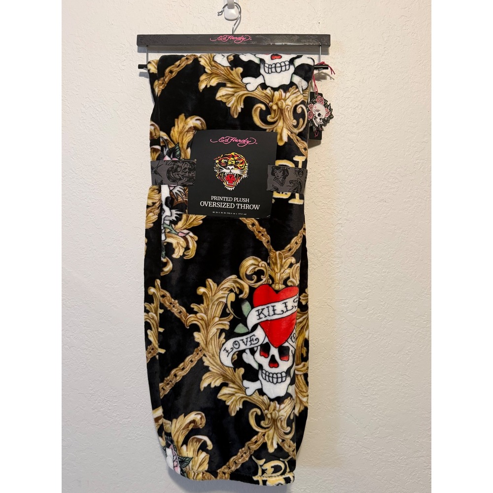 Ed Hardy Love Kills Slowly Oversized Plush Throw Blanket Black Gold Skull 60x70